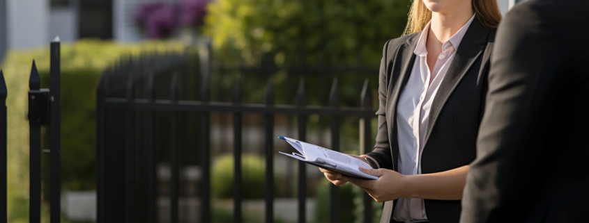 Image of real estate agent in front of a property at an open home, garden gate in the background.