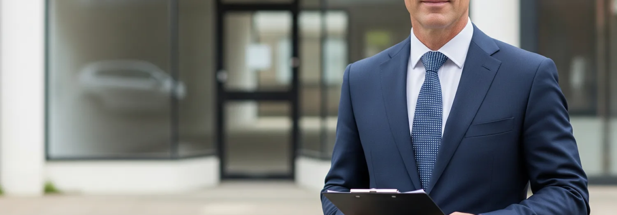 What planning checks should I do before listing a commercial property in Victoria? Image of a real estate agent with clipboard, infront of a vacant shop front.