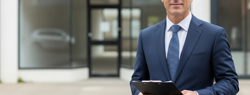 What planning checks should I do before listing a commercial property in Victoria? Image of a real estate agent with clipboard, infront of a vacant shop front.